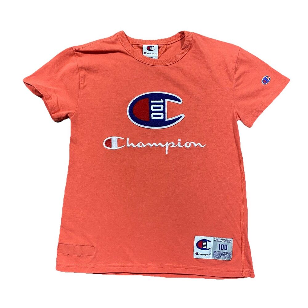 Champion 100 Anniversary Logo T-Shirt XS Orange Embroidered Chest Patch Tee